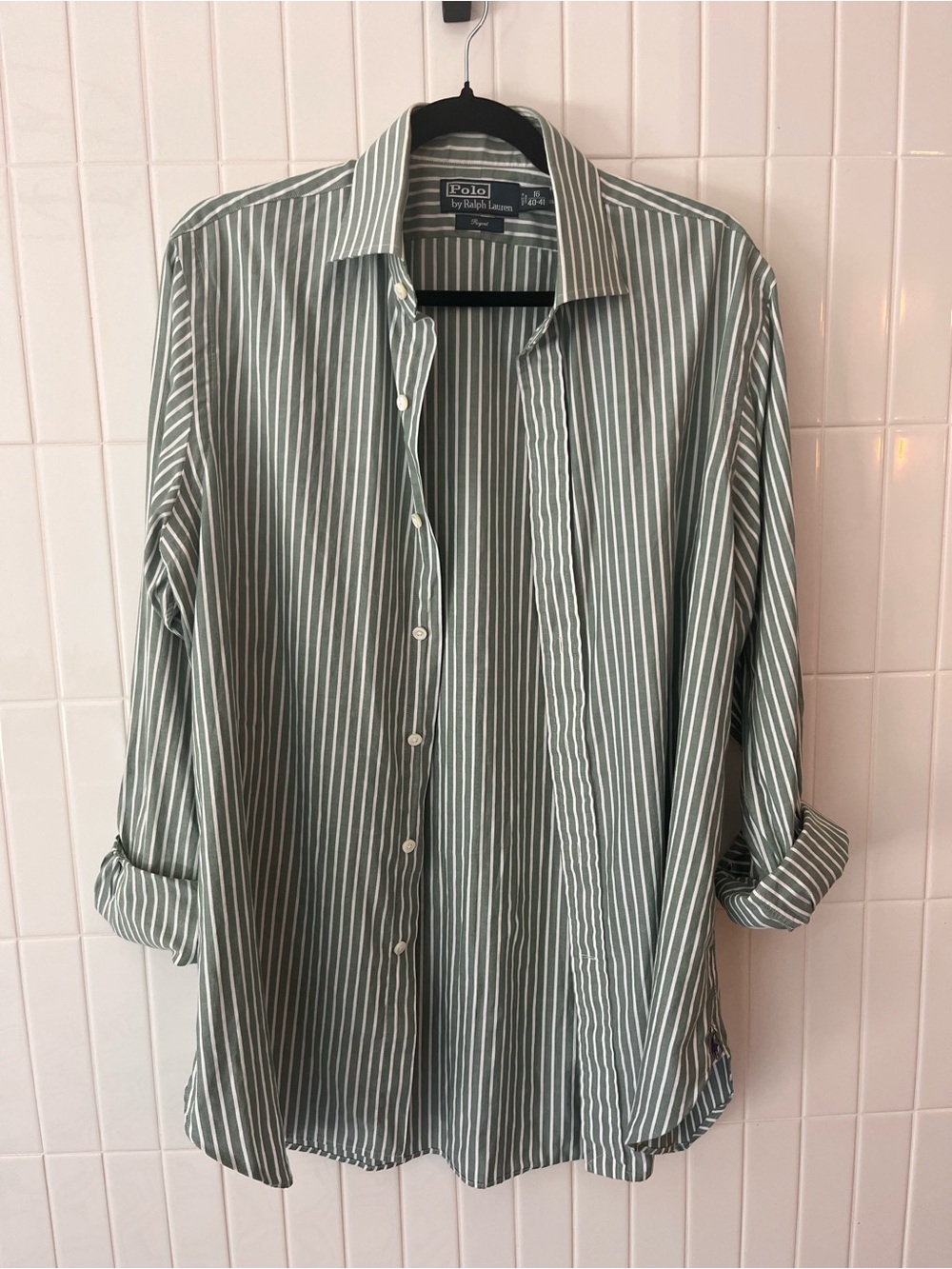 Polo Ralph Lauren Regent Striped Button Down 100% Cotton Green Oversized